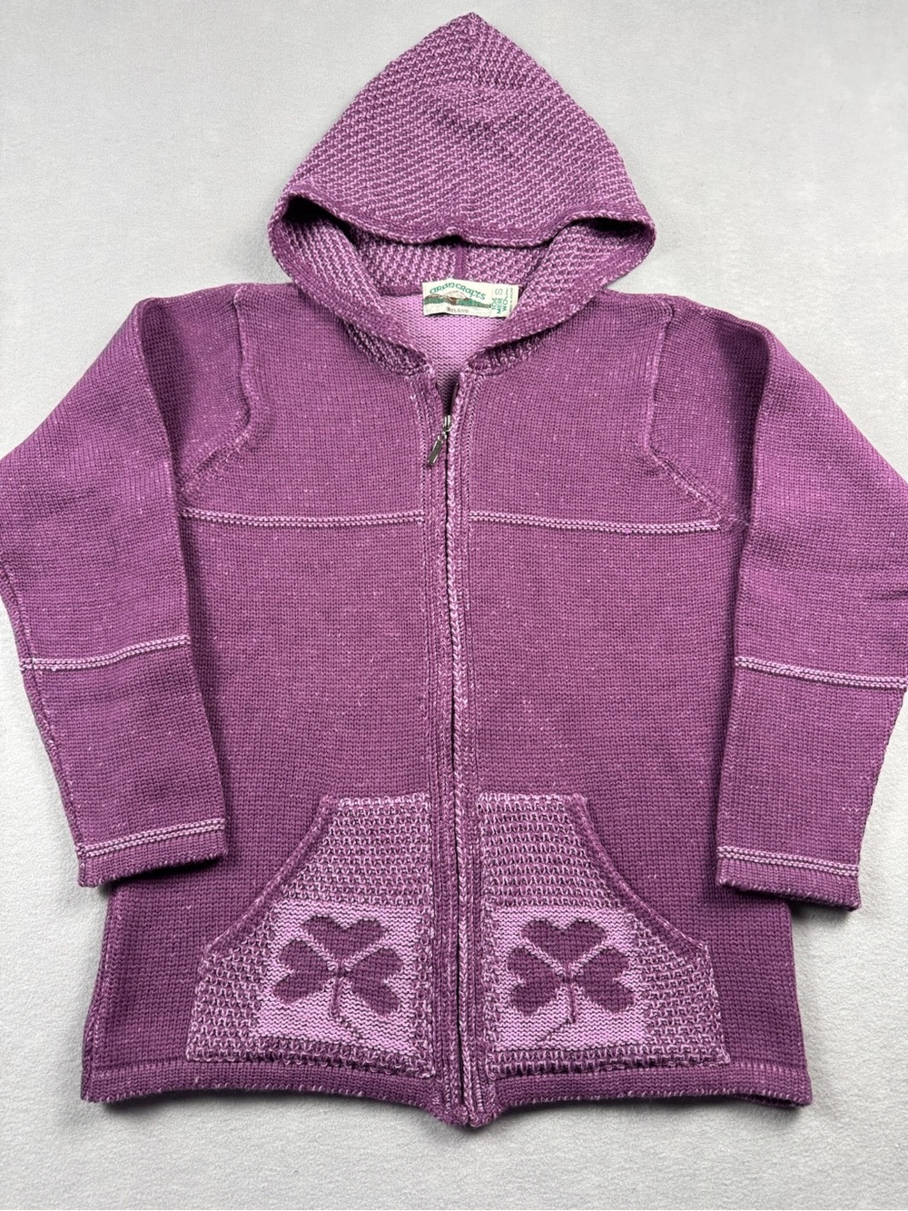 Aran Crafts 100% Merino Wool Small Zip Shamrock Irish Hooded Sweater Purple